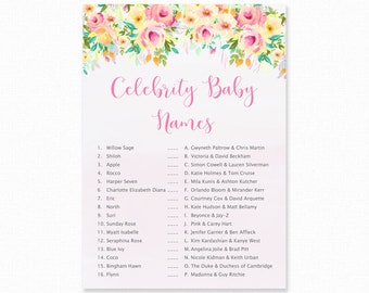 Baby Shower Games - Celebrity Baby Names Game - Floral Baby Shower - Floral Shower Games - Baby Names Game - Peaches and Cream