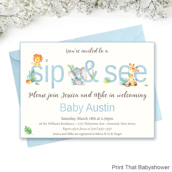 Sip and See Invitation - Elephant Giraffe Sip and See - Baby Sip and See - Printable Invitation - Boy Sip and See Invite - Jungle Theme Il_570xn