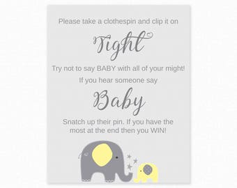 Don't Say Baby - Baby Shower Game Sign - Elephant Baby Shower - Printable Instant Download - Baby Shower Activites, Neutral Baby Shower Game