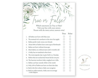 Baby Shower Games - Baby True Or False Game - Baby Shower True Or False - Botanical Baby Shower - Greenery Leaf Daisy - Printable Game