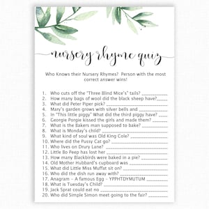 Botanical Nursery Rhyme Quiz Game - Baby Shower Games - Greenery Baby Shower - Botanical Shower Games - Nursery Rhyme Game - Botanicals