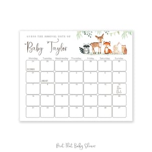 Guess The Due Date - Woodland Baby Shower Game - Baby Shower Birthday Prediction | Due Date Calendar Game | Woodland Animals