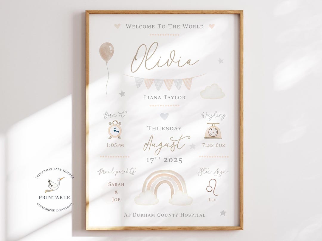 New Baby Print | Personalised Birth Board | Newborn Baby Keepsake ...