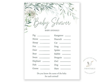 Baby Shower Games - Baby Animals Name Game - Greenery Baby Shower - Greenery Shower Game - Baby Animals Shower Game - Botanical Baby Shower