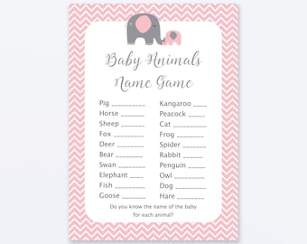 Baby Animals Name Game - Baby Shower Games - Pink Elephant Baby Shower - Elephant Shower Game - Baby Animals Shower Game - Pink Elephant