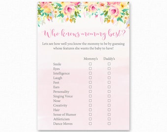 Floral Baby Shower Who Knows Mommy Best Printable - Floral Baby Shower Game, Digital Instant Download, Floral Shower Game, Peaches and Cream