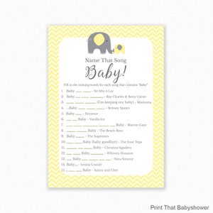 Baby Shower Game - Yellow Baby Shower -  Name That Song Baby, Yellow Elephant Baby Shower Printable, Baby Shower Song Trivia - Pink Elephant