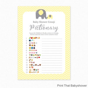 Baby Shower Spiel - Neutrale Baby Shower - Emoji Pictionary - Gelber Elefant Baby Shower druckbare - Baby Shower Emoji Spiel, Gelber Elefant