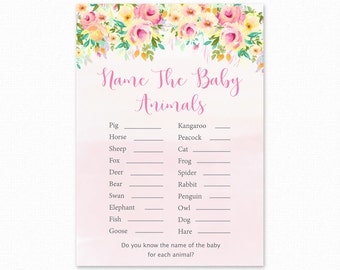 Baby Shower Games - Baby Animals Name Game - Floral Baby Shower - Floral Shower Game - Baby Animals Shower Game - Floral - Peaches and Cream