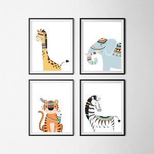 Tribal Animals Nursery Print - Set of 4 - Kids Wall Art - Printable Nursery Wall Art - Kids Art Print - Tribal Animals Nursery Art