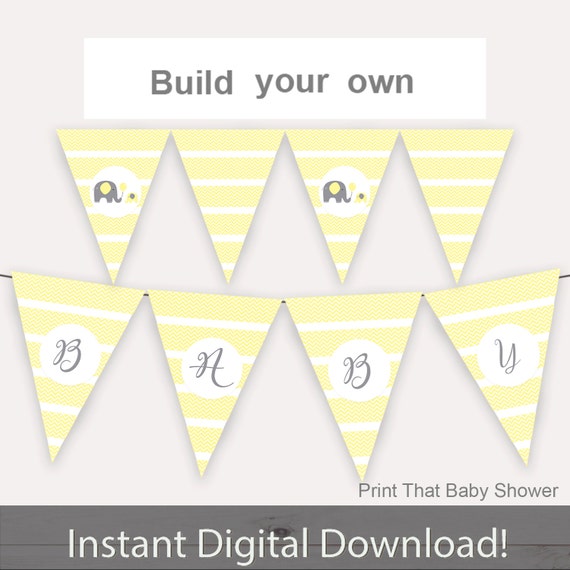 Baby Shower Decorations - Yellow Elephant Baby Shower Banner - Congratulations Flag Bunting - Printable, Baby Shower Banner, Yellow Elephant Il_570xn