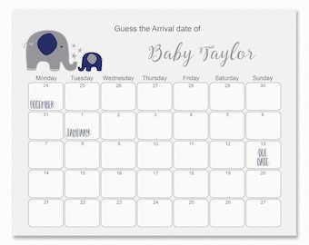 Op de afbeelding: Een babyshowerkalender met een grijs en wit patroon. De kalender toont twee grijze olifanten met marineblauwe accenten. De tekst luidt "Raad de aankomstdatum van Baby Taylor". De vervaldatum is 13 januari.