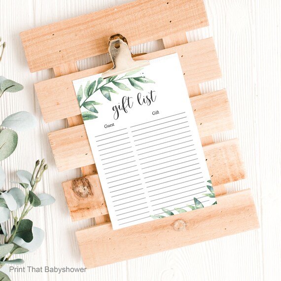 Baby Shower Printable Gift List Greenery Baby Shower Gift Checklist