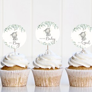 Baby Shower Cupcake Toppers | Elephant Baby Shower Cupcake Toppers | Printable Baby Shower Cupcake Toppers  | Greenery Shower