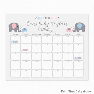 Elephant Baby Shower, Guess The Due Date - Baby Shower Games, Baby Shower Birthday Prediction, Baby Shower Due Date Calendar game, pink blue