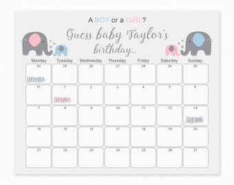 May include: A printable baby shower game with a calendar for guests to guess the baby's due date. The calendar is decorated with elephants and the text "Guess baby Taylor's birthday..."