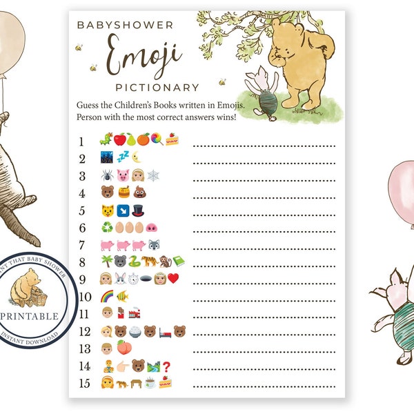 Baby Shower Game - Winnie the Pooh Baby Shower -  Emoji Pictionary - Pooh Bear Baby Shower Printable - Baby Shower Emoji Game