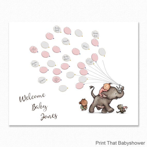 Baby Shower Fingerprint Guest Book - Signature - Elephant Baby Shower - Personalized Alternative Guest Book - Signature Tree, Pink Elephant Il_570xn