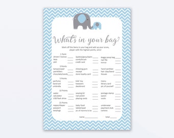 What's In Your Purse Game? - Baby Shower Games - Blue Elephant Baby Shower - Blue Elephant Shower Games - Shower Games - Blue Elephant