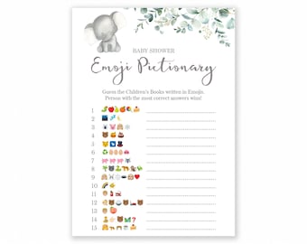 Baby Shower Game - Elephant Baby Shower - Emoji Pictionary - Elephant Baby Shower Printable - Baby Shower Emoji Game - Elephant - Greenery