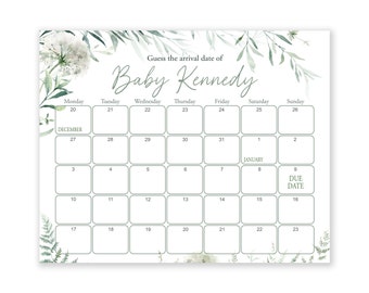 Guess The Due Date - Botanical Baby Shower Games - Baby Shower Birthday Prediction, Printable Baby Shower Due Date Calendar Game - Greenery