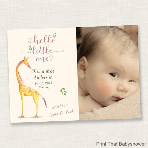 Birth Announcement Photo Card - Baby Announcement Card - Welcome baby -  Cute Giraffe