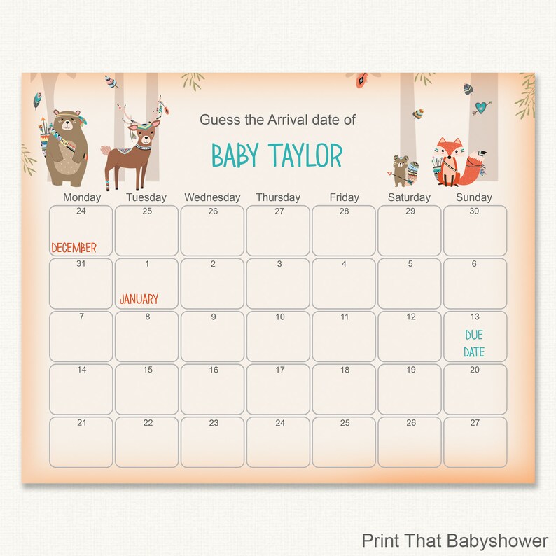 Woodland Baby Shower Guess The Due Date Baby Shower Games Etsy Woodland baby shower guess the due date baby shower games etsy