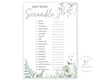 May include: A printable baby shower game with a green leafy background. The game is called "Baby Word Scramble" and has 20 scrambled words related to babies.