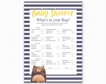 What's In Your Purse Game? - Baby Shower Games - Woodland Baby Shower - Woodland Shower Games - Shower Games - Blue Bear