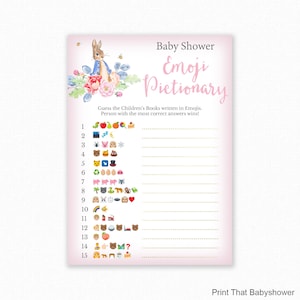Baby Shower Game - Peter Rabbit Baby Shower -  Emoji Pictionary - Pink Baby Shower Printable - Baby Shower Emoji Game - Peter Rabbit