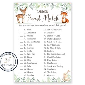 Baby Shower Games - Cartoon Parent Match Game - Woodland Baby Shower - Cartoon Character Match - Woodland