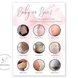 Può includere: Un gioco di baby shower stampabile con uno sfondo acquerellato rosa. Il gioco chiede agli ospiti di indovinare se l'immagine è una pancia di donna incinta o una persona che ha bevuto molta birra. Il gioco include nove immagini di panci.