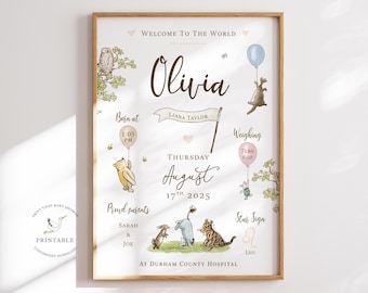 Winnie the Pooh Birth Print | Personalised Birth Board | New Baby Keepsake | Nursery Wall Art