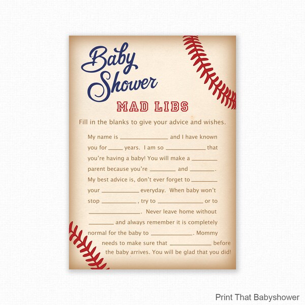 Baby Shower Game - Baseball Baby Shower - Baby Mad Libs - Baseball Baby Shower Printable - Baby Shower Mad Libs Game - Baseball