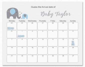 Blauer Elefant Baby Shower - Guess the Due Date - Baby Shower Games, BabyGeburtstags-Vorhersage - Druckbares Kalender-Spiel