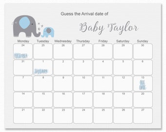 Blue Elephant Baby Shower - Guess The Due Date - Baby Shower Games, Baby Birthday Prediction - Printable Baby Shower Due Date Calendar Game