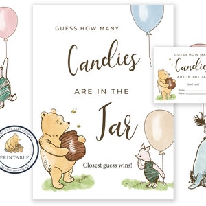 Juegos de Baby Shower - Juego de adivinanzas de dulces - Baby Shower clásico de Winnie The Pooh - Adivina cuántos dulces - Baby Shower del Oso Pooh