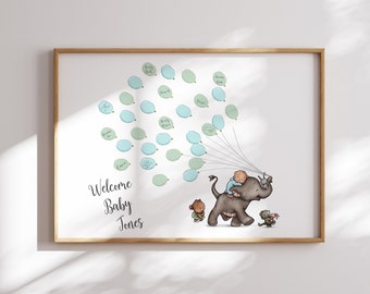 Baby Shower Fingerprint Guest Book - Signature - Elephant Baby Shower - Personalized Alternative Guest Book - Signature Tree - Blue Elephant