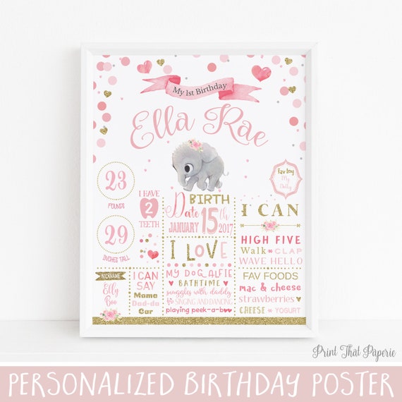 First Birthday Poster Pink And Gold Confetti Elephant First