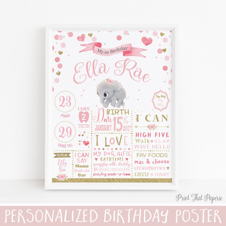 First Birthday Poster Pink and Gold Confetti Elephant First Birthday Milestone Sign 1st Birthday Chalkboard Sign 1st Birthday Poster image 1