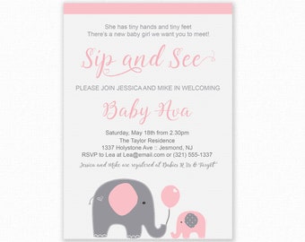 Sip and See Invitation - Elephant Sip and See - Baby Girl Sip and See - Printable Invitation - Elephant Sip and See Invite - Pink Elephant