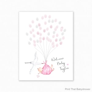Baby Shower Fingerprint Guest Book - Pink Stork Baby Shower - Personalized Alternative Guest Book - Fingerprint Tree - Stork and Baby