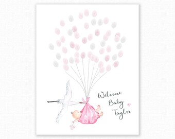 Baby Shower Fingerprint Guest Book - Pink Stork Baby Shower - Personalized Alternative Guest Book - Fingerprint Tree - Stork and Baby