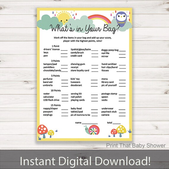 Baby Shower Games What S In Your Purse Game Rainbows Baby