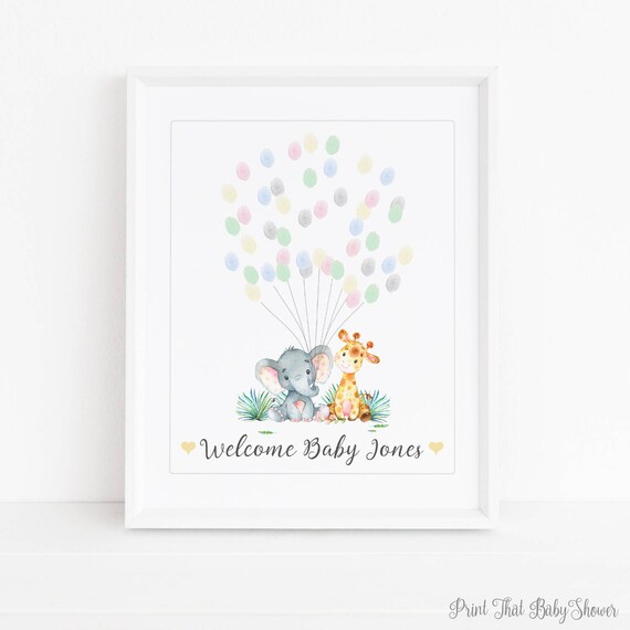 Baby Shower Fingerprint Guest Book - Elephant Giraffe Baby Shower - Personalized Alternative Guest Book - Fingerprint Tree - Jungle Friends Il_570xn