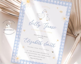 Silly Goose Baby Shower Invitations - Mother Goose Invitation - Blue Gingham - Digital or Printable Invite