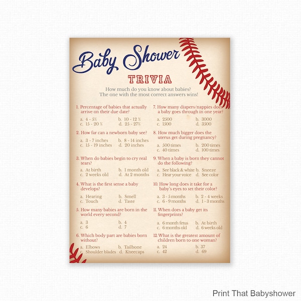 Baby Shower Games - Baby Trivia Game - Baby Shower Trivia - Baseball Baby Shower - Baseball Shower Games - Printable Game