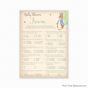 Baby Shower Games - Baby Trivia Game - Baby Shower Trivia - Peter Rabbit Baby Shower - Peter Rabbit Shower Games - Printable Game
