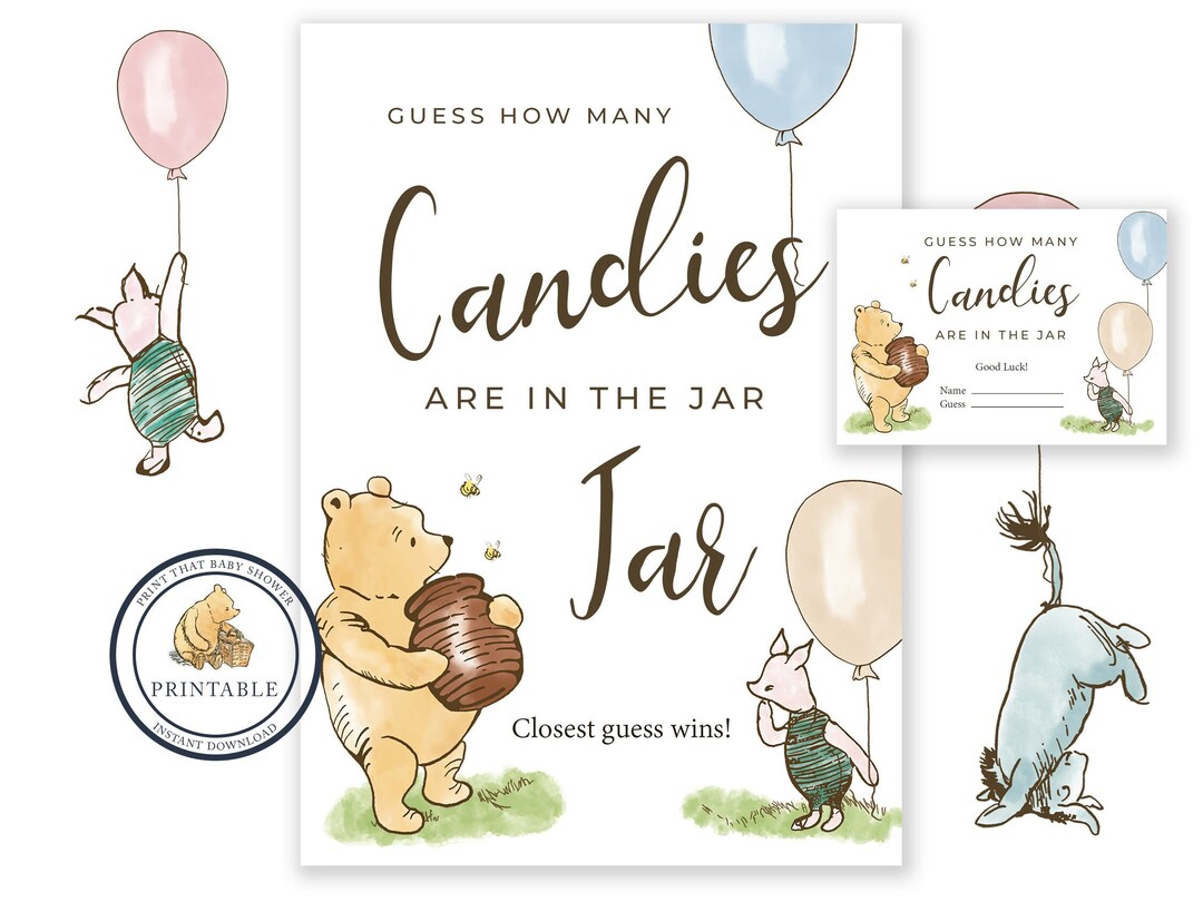 Winnie The Pooh Baby Shower Guessing Game Set - 30 Cards & 1 Table Sign, 5x7 Inches, Fun Party Activity For Guests