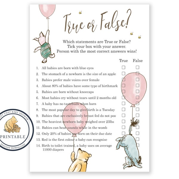 Baby Shower Games - Baby True Or False Game - Baby Shower True Or False - Winnie The Pooh Baby Shower - Classic Pooh Bear - Printable Game